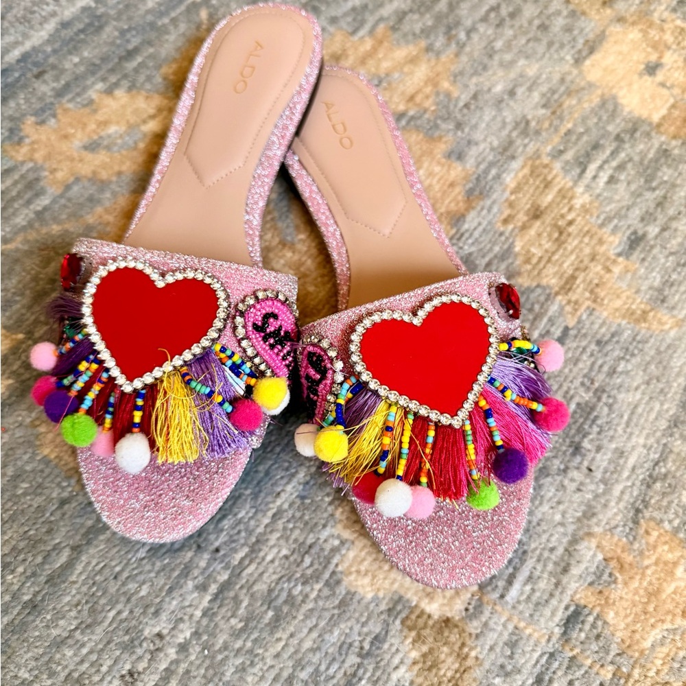 Aldo Pink Glitter Heart Mules